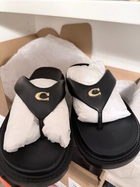 NWT COACH Women's Brynn Thong Sandals Black Leather Size 9.5